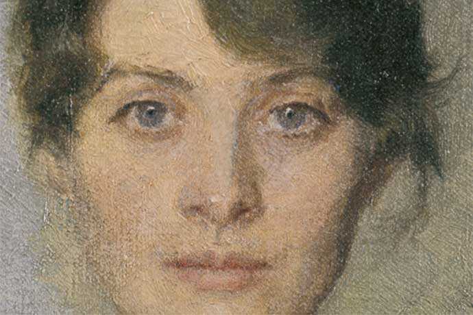 Skagenmålning som föreställer en kvinna med blå ögon och mörkt hår i närbild.