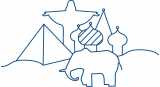 Illustration med symboler för olika tillväxtländer: en elefant, en pyramid, en Jesusstaty, lökkupoler.