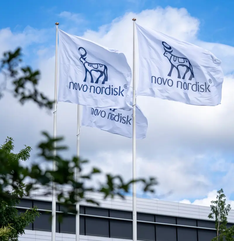 En bild på tre flaggstångar med Novo Nordisk logga på.