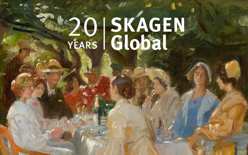 Maleri av kvinner rundt et festbord i hagen