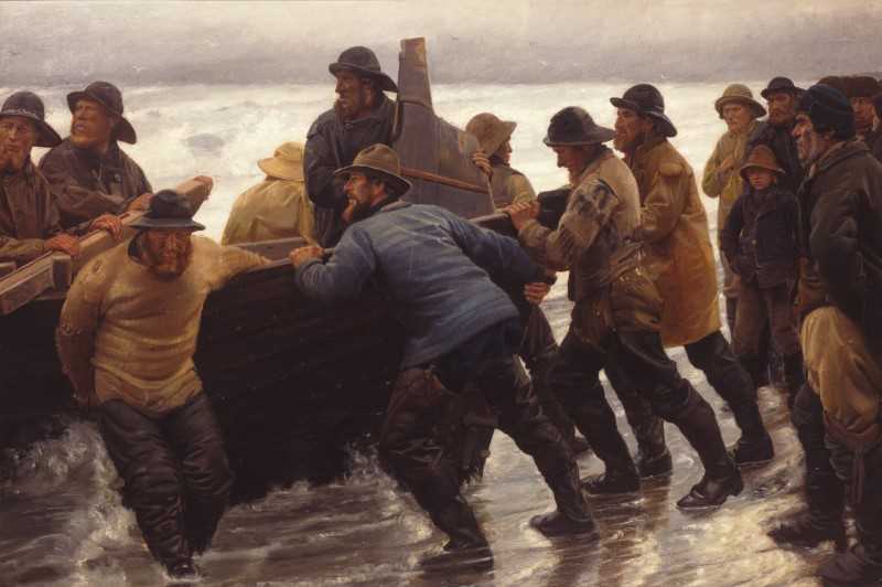 Skagenmålning med fiskare som gemensamt sjösätter en båt
