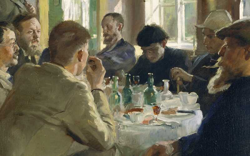 Skagenmålning av många män vid ett bord.