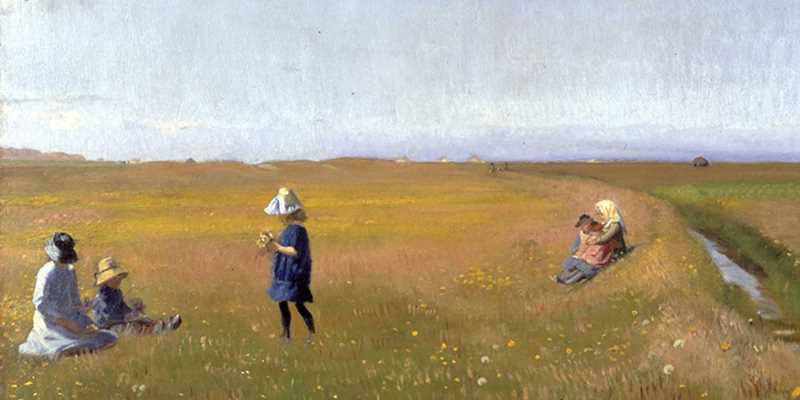 Målning med barn på en sommaräng