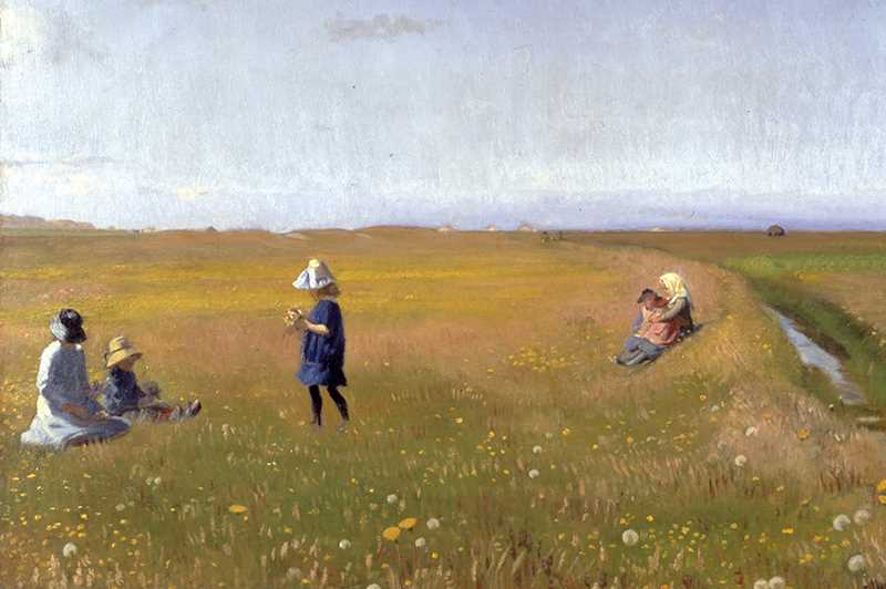 Målning med barn som plockar blommor på en äng
